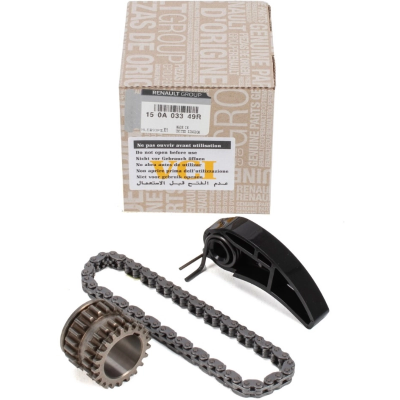 Kit pinion arbore cotit + lanț pompă ulei + patină întinzător original Dacia Logan II / Sandero II 0.9 TCe – cod 150A03349R